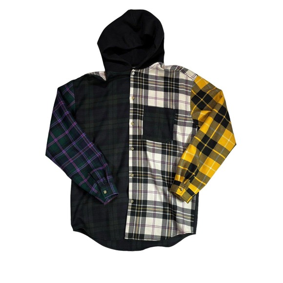 Alexander Wang Men’s Wool Plaid Tartan Patchwork Hooded Shirt Button Down Medium - Picture 1 of 10